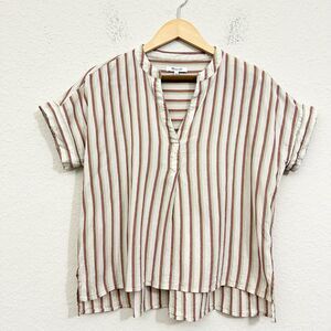 MADEWELL Crinkle Lakeline Popover Shirt Stripe SS V-Neck Cotton